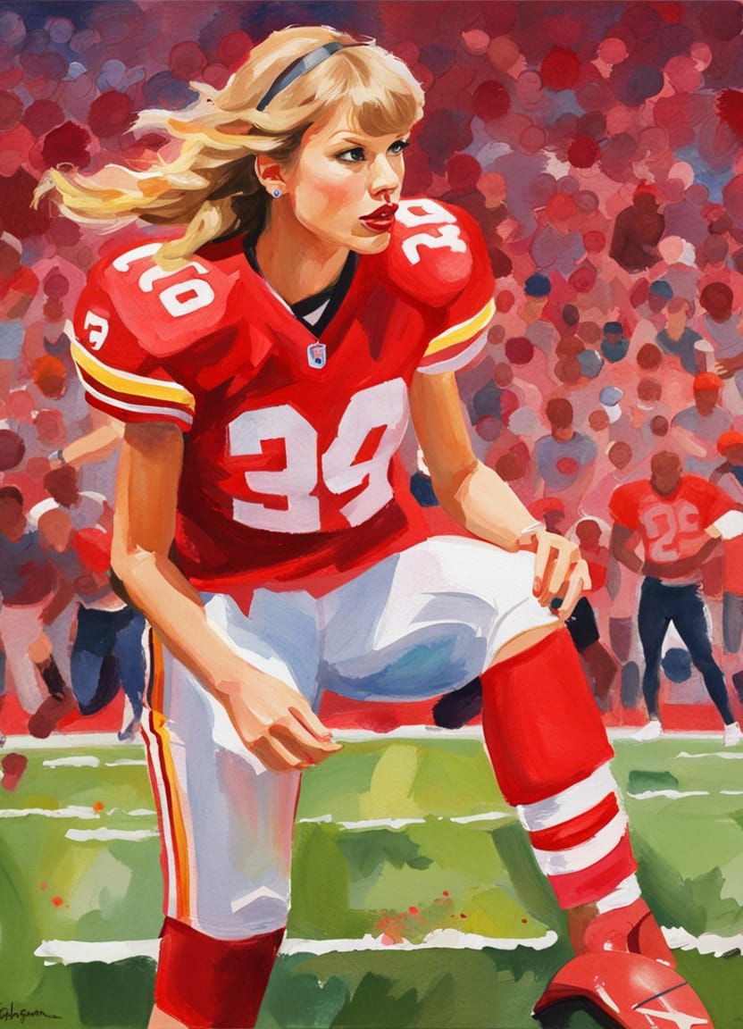 Taylor Swift in a red NFL football jersey with yellow trim, in Gouache  Style, Watercolor, Museum Epic Impressionist Maximalist Masterpiece,... -  AI Generated Artwork - NightCafe Creator